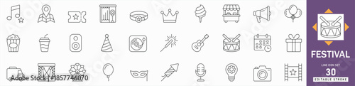 Festival line icon set party fireworks, carnival decoration, music event, and culture parade. Editable vector