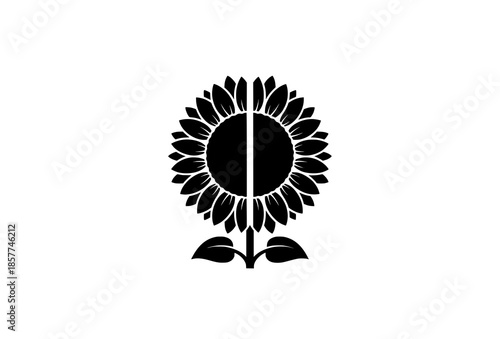 Sunflower split monogram silhouette vector logo with symmetrical floral design on white background