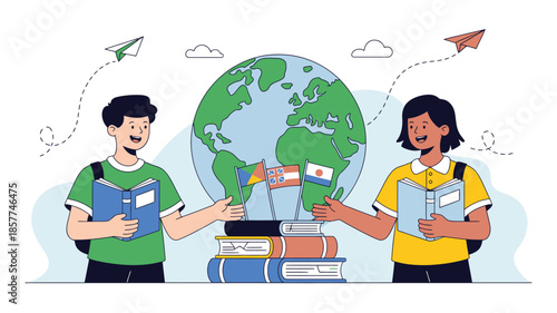 Two smiling students stand with books and a globe, representing global education and diverse learning