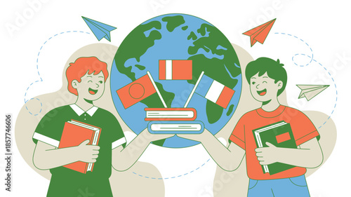 Two students holding books stand happily with a globe surrounded by international flags and paper airplanes