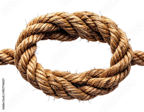 A close-up view of a thick, woven rope tied in an intricate knot against a black background