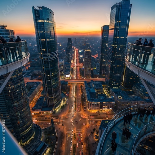 Cityscape at dusk with illuminated skyscrapers and busy streets below.
