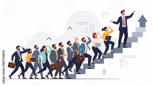 Business people climbing stairs towards success led by a confident leader.
