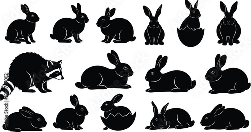 Black Rabbit And Raccoon Animal Silhouettes Collection, Cute Bunny Poses Including Easter Egg Hatch, Isolated Wildlife Vector Illustration For Design Use