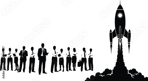 Business team standing together watching rocket launch startup concept, successful professional group silhouette for career growth, innovation and corporate project beginning, vector illustration