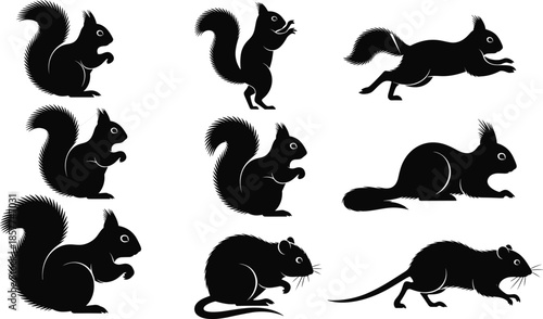 Black Squirrel And Rat Animal Silhouettes Set, Various Poses And Movements, Isolated Wildlife Vector Illustration For Logo, Icon, And Design Use