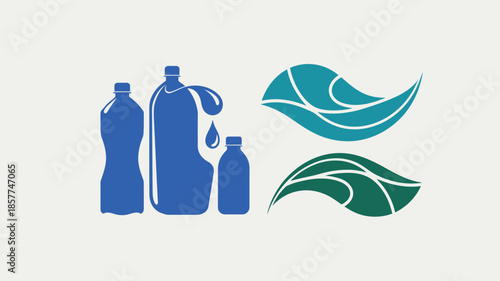 Various blue plastic bottles along with two stylized green leaf or wave symbols are displayed