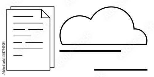 Stack of text-aligned papers next to a cloud outline with horizontal lines symbolizing data synchronization. Ideal for storage, cloud computing, organization, sharing, data backup, collaboration