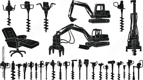 Construction heavy equipment vector set, industrial earth drilling tools, excavator machinery silhouettes, power auger icons, building site engineering hardware, 
