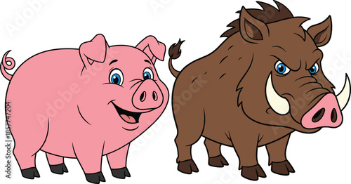 Cute cartoon pig and wild boar illustration, friendly farm and forest animal characters vector isolated on 