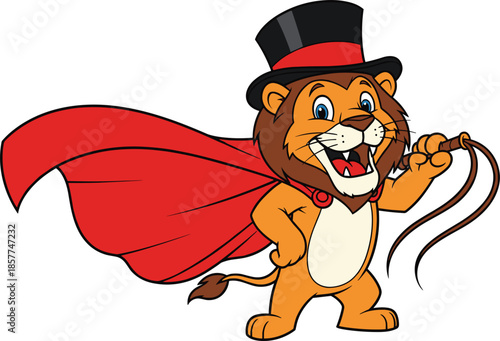Cute circus lion mascot illustration wearing top hat and red cape holding whip cartoon character for logo branding vector design