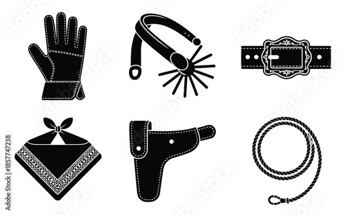 Western and cowboy gear icons including spur, belt buckle, holster, lasso, and bandana