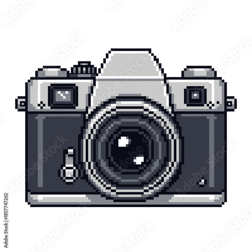 Pixel art illustration of a vintage camera on a white background.