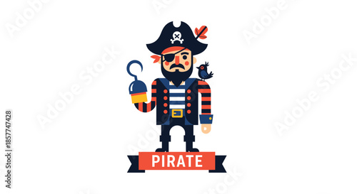 Simple flat design illustration of a classic pirate captain character with a hook hand, eyepatch, and a parrot on his shoulder.