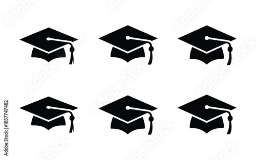 Group of Six Identical Black Graduation Cap Icons with Tassels Isolated on White Background for Education and Academic Achievement Design