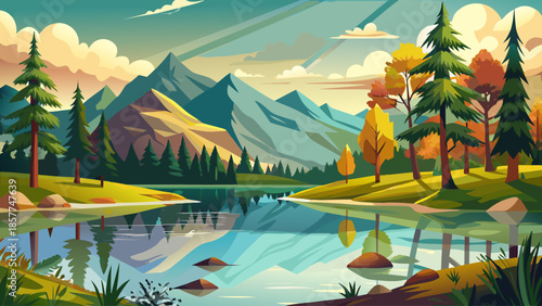 Forest and lake landscape vector with reflections, calm natural scenery, flat illustration