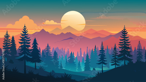 Forest silhouette vector landscape with gradient sunset sky, minimalist nature background