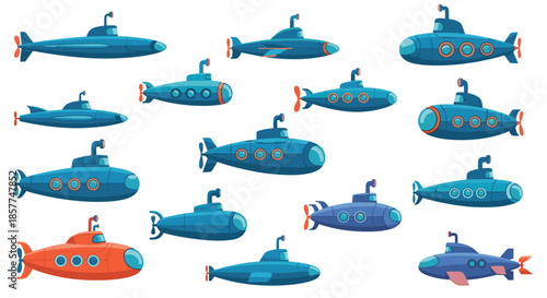 A large and varied collection of colorful cartoon submarines in different shapes and styles, isolated on a clean white background.