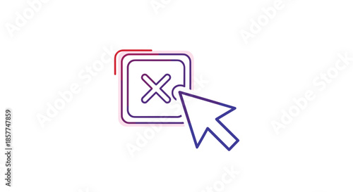 Mouse cursor clicking a square close or delete button featuring a cross symbol in a modern colorful linear design.