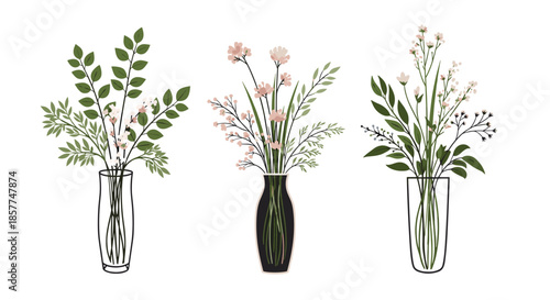 Elegant set of three different floral arrangements in glass and ceramic vases with green leaves and soft pink blossoms.