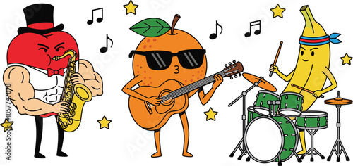 Funny fruit band illustration with apple saxophonist orange guitarist banana drummer cartoon characters playing music on white background vector design