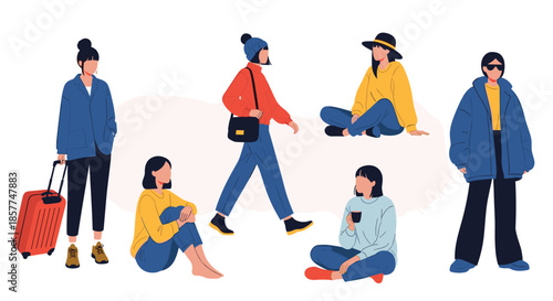 Diverse collection of female characters in different poses such as walking, sitting, and traveling, flat vector illustration.