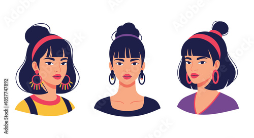 Trio of female portraits featuring a young woman with dark hair, bangs, red headbands, and stylish colorful hoop earrings.