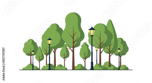 Scenic park view with various green trees and classic black street lamps, flat vector illustration of an outdoor space.