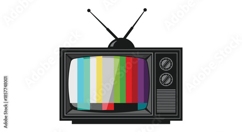 Classic retro television set with antennas displaying a colorful test signal pattern, flat vector illustration.