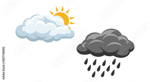 Set of two weather symbols representing a partly cloudy sky with sun and a rainy storm cloud with falling droplets.