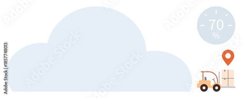 Large cloud shape, data metric indicator, forklift carrying freight marked with location pin. Ideal for logistics, cloud computing, supply chain, transportation, data analysis, efficiency simple