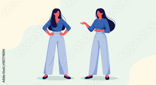 Pair of female character illustrations showing a woman in professional attire standing confidently and talking.
