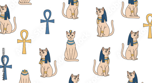 A cute and historical seamless pattern background featuring ancient Egyptian cats dressed as deities and golden ankh cross symbols.