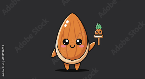 Adorable cartoon almond character with a happy face holding a miniature green torch against a dark gray background.