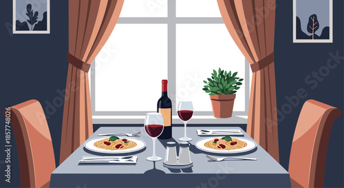 A romantic and cozy restaurant dinner scene with two plates of spaghetti, red wine, and a view through a large window at daytime.