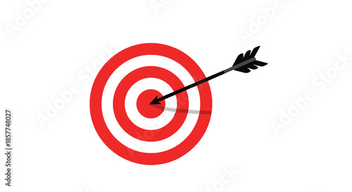 Red and white target with a black arrow hitting the exact center bullseye isolated on a plain white background.