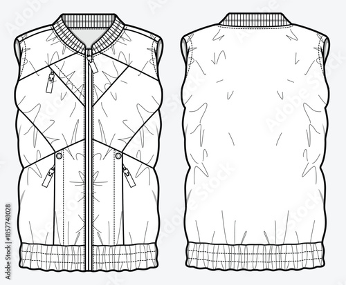 Ladies sleeveless jackets flat sketch vector mockup template technical illustration.