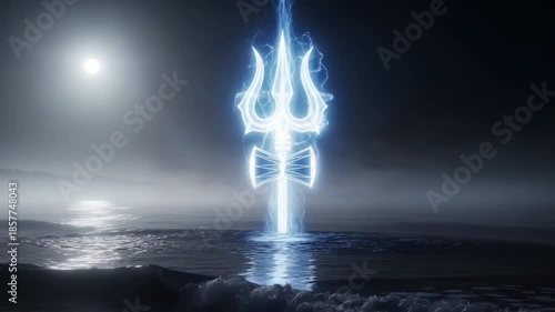 Glowing blue Shiva trident or trishula emerging from ocean water with splashes and moonlit waves at night