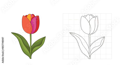A colorful tulip flower illustration shown alongside its black and white outline pattern for a sewing or craft project template.