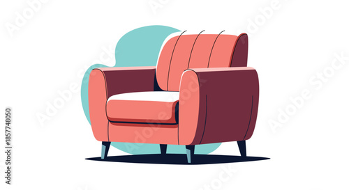 A stylish and comfortable-looking pink armchair with a modern design, isolated on a white background with a simple abstract shape.