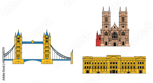 A collection of famous London landmark illustrations, including the Tower Bridge, Westminster Abbey, and Buckingham Palace in a clean style.