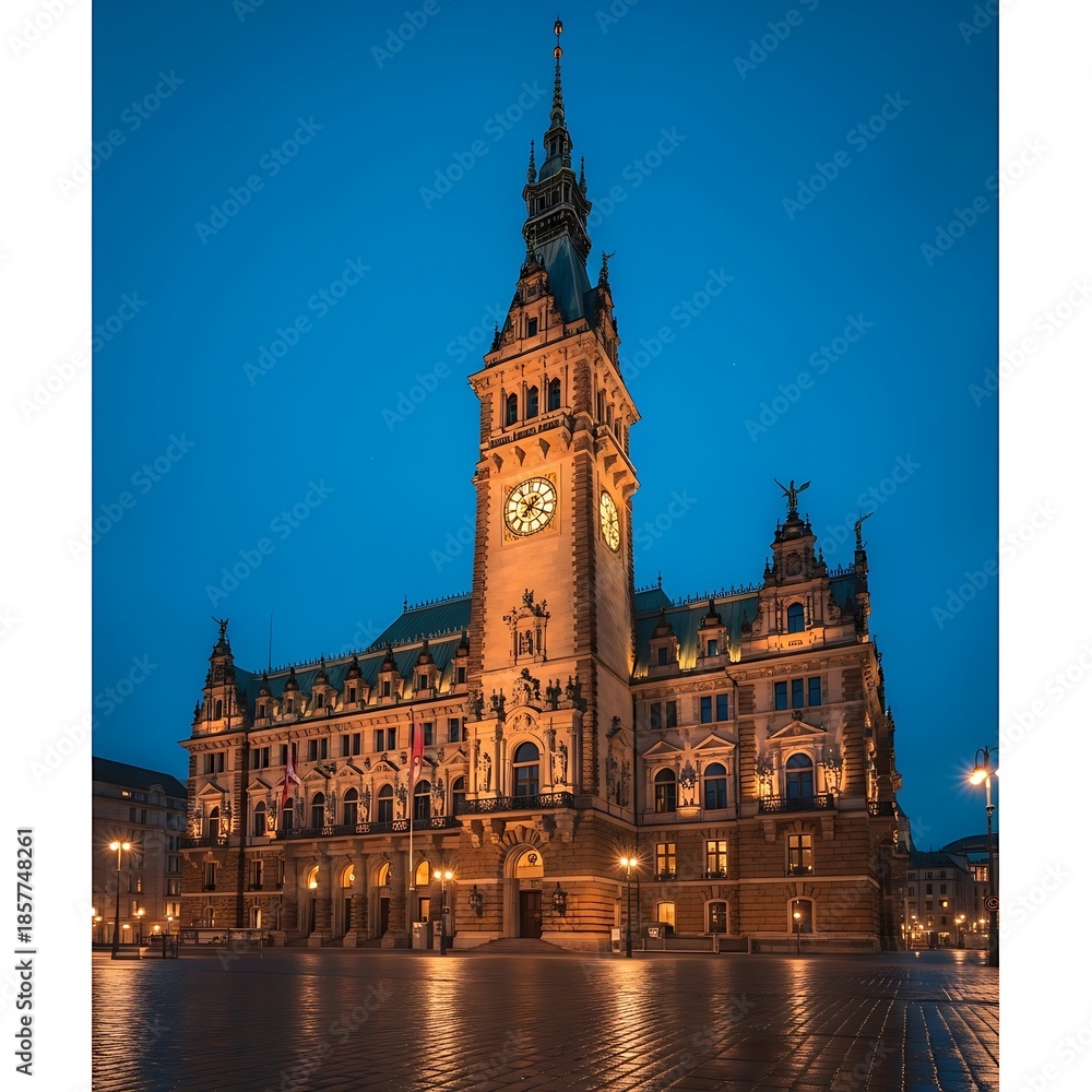 Obraz premium Grand building with illuminated clock tower against twilight sky.