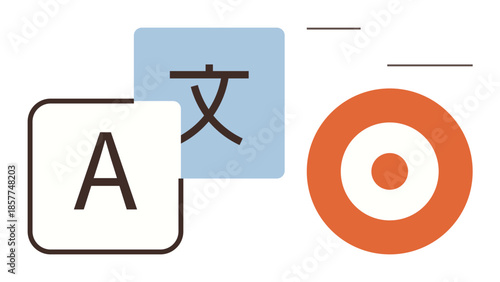 Typographic A and foreign character paired with rounded graphic target highlights communication, translation, linguistics, cultural exchange, accuracy, global reach, simple flat metaphor