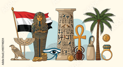 Detailed collection of ancient Egypt symbols and artifacts, including Tutankhamun's sarcophagus, hieroglyphs, and the Ankh cross.