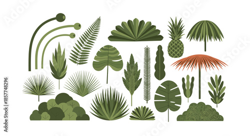 Large collection of stylized green tropical jungle leaves, plants, and a pineapple for creating lush botanical compositions and backgrounds.