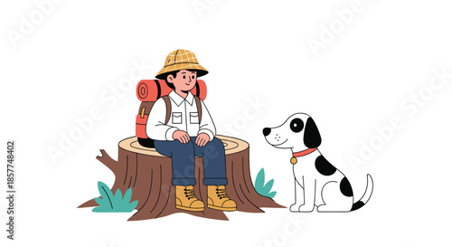 A friendly scene of a young hiker with a backpack taking a rest on a tree stump and talking to his adorable pet dog.