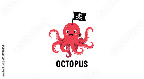 Adorable smiling pink octopus character wearing a pirate flag, a cute and friendly sea animal vector illustration with text below.