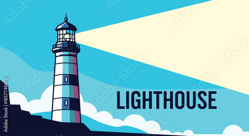 A striking vector illustration of a lighthouse on a rocky coast, its bright beam of light cutting through the blue sky.