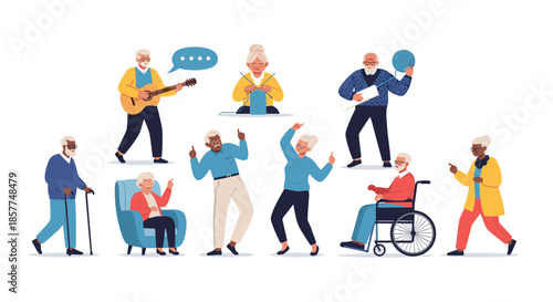 A diverse group of active and happy senior citizens enjoying their hobbies, including dancing, playing music, and exercising.