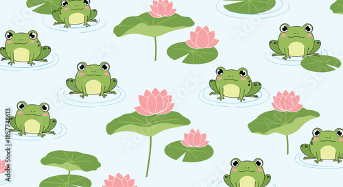 Seamless pattern of adorable cartoon frogs sitting on lily pads with pink lotus flowers, a cute background for children's decor.